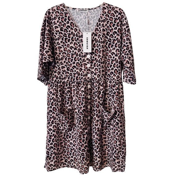 ECOWISH Animal Print Short Sleeve Button Detail Dress Women's Size Lg NWT - Picture 3 of 13